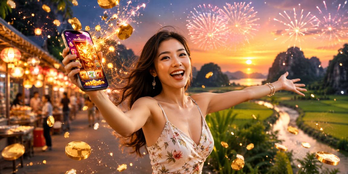 Người chơi tại chợ đêm Ninh Bình thư giãn với slot game trên điện thoại trong không khí sôi động